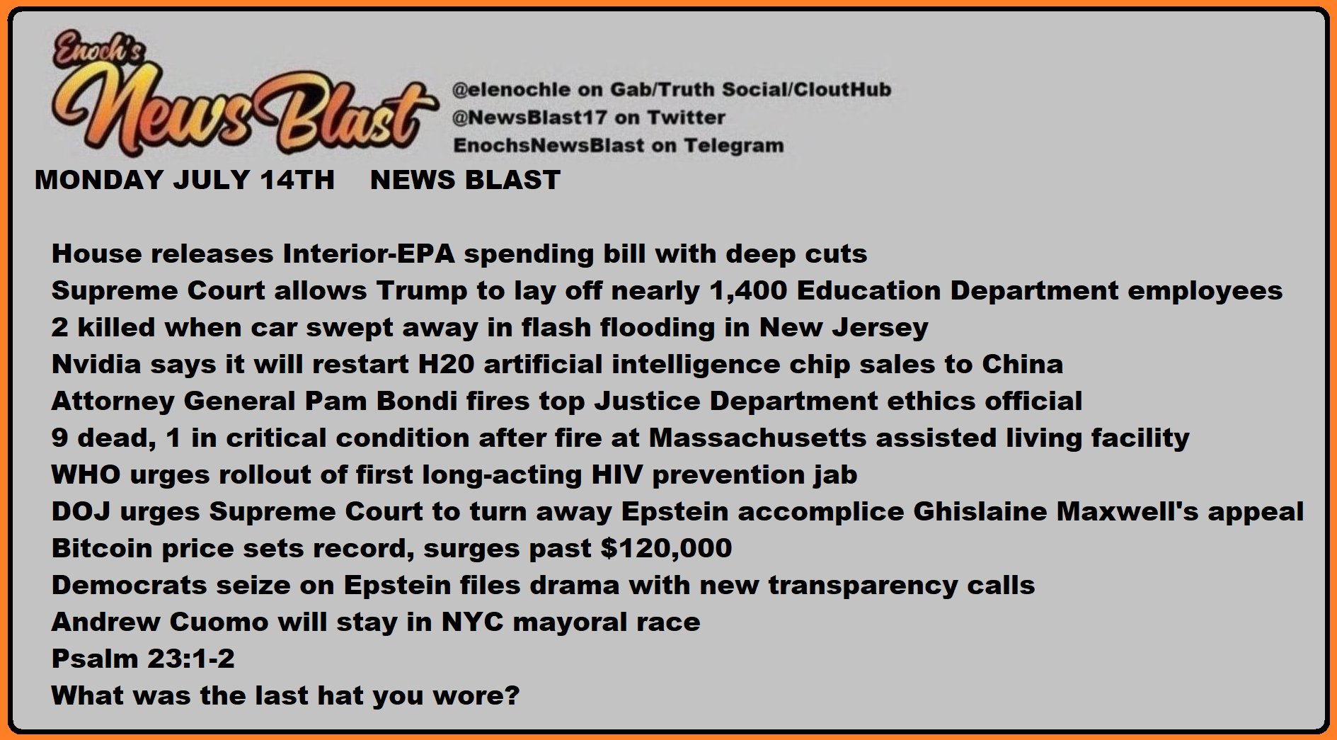 News Blast graphic for Monday, July 14th