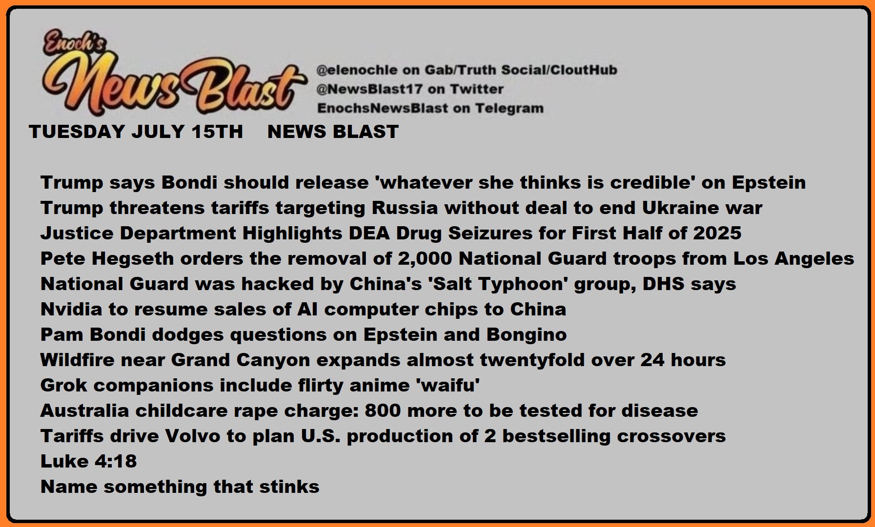News Blast graphic for Tuesday, July 15th