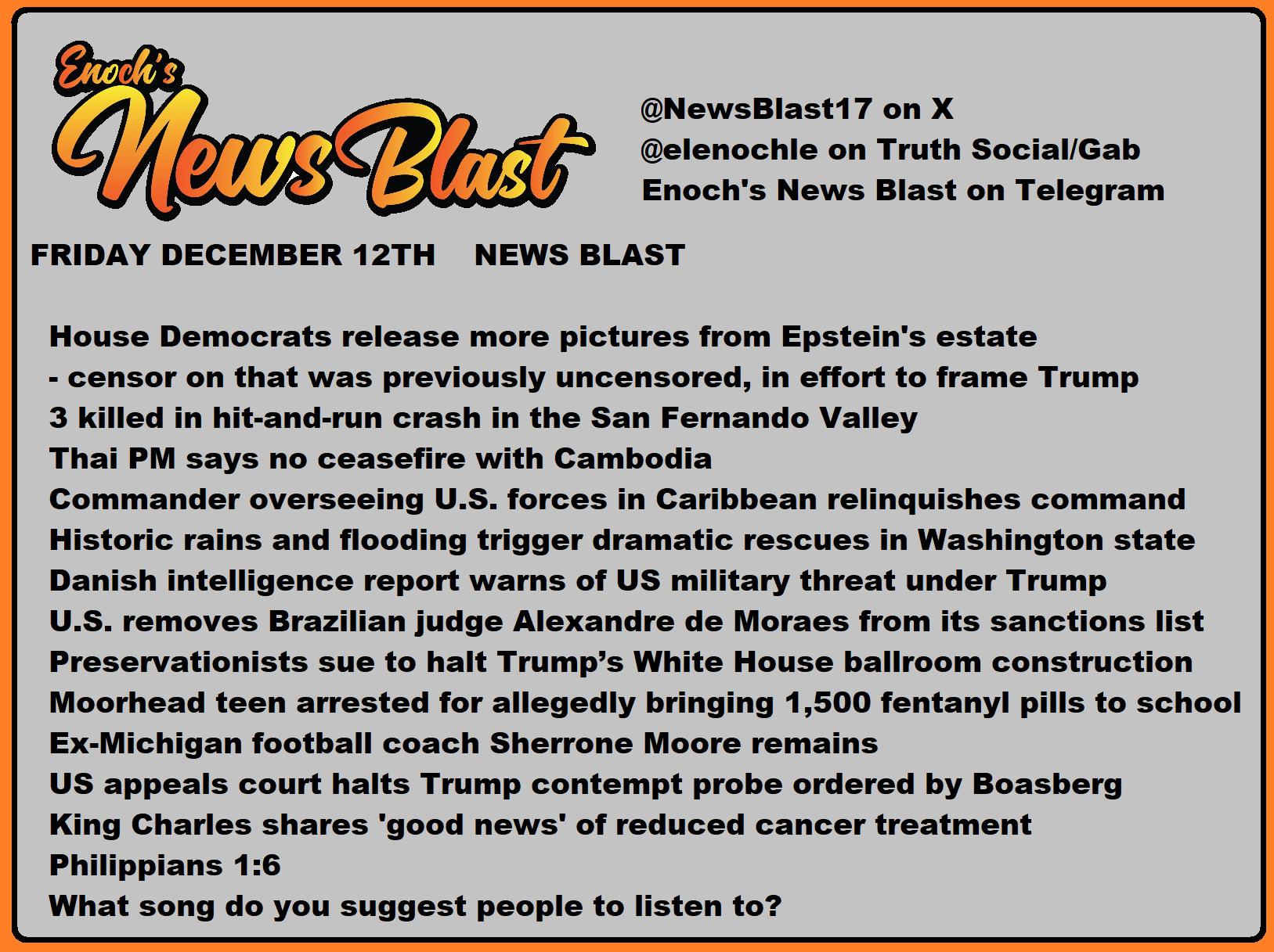 News Blast graphic for Friday, December 12th