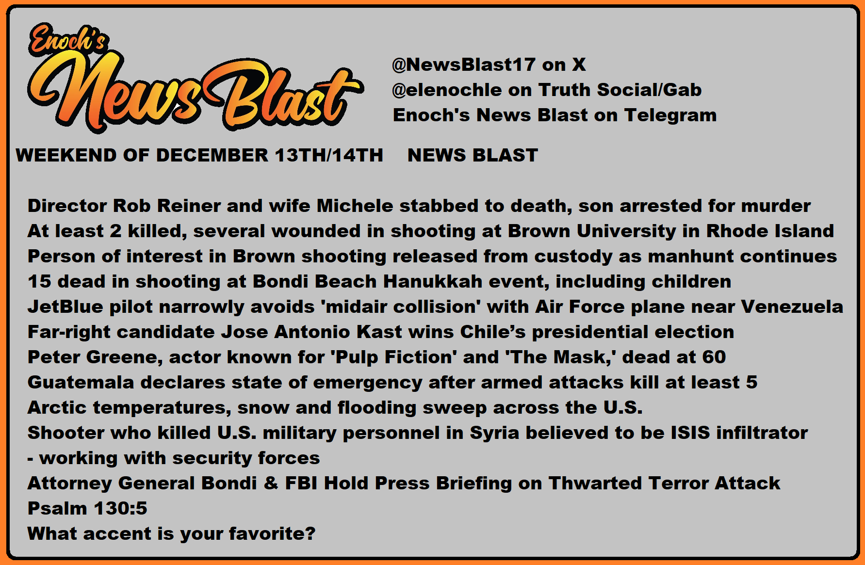 News Blast graphic for Weekend of December 13th / 14th