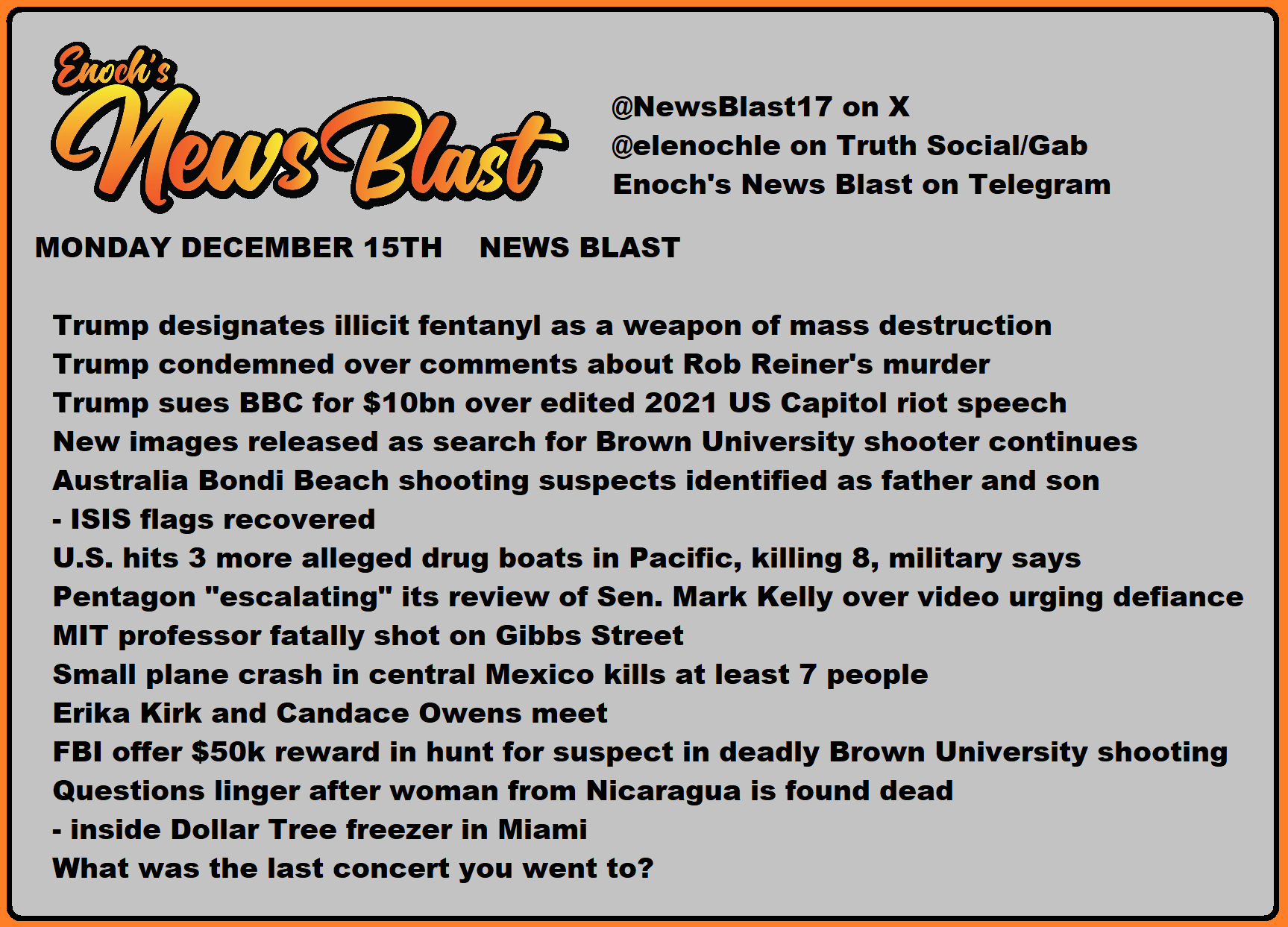 News Blast graphic for Monday, December 15th