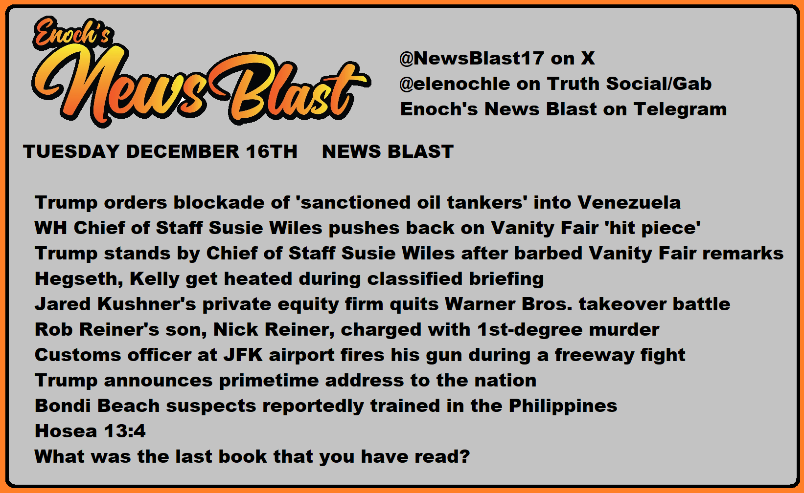 News Blast graphic for Tuesday, December 16th