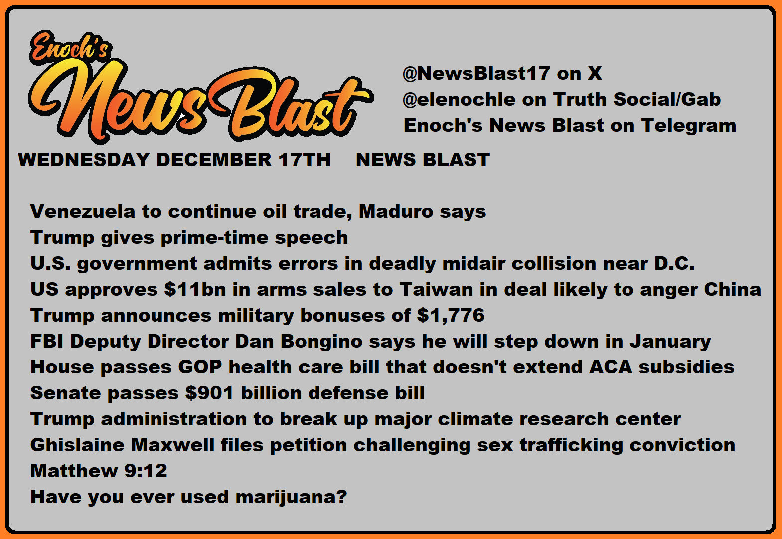 News Blast graphic for Wednesday, December 17th
