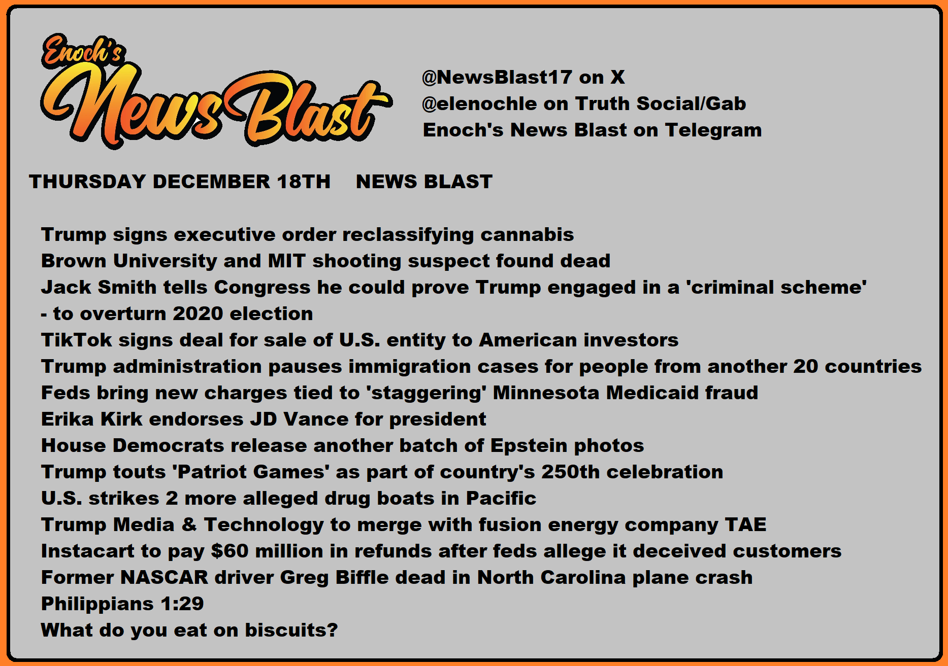 News Blast graphic for Thursday, December 18th