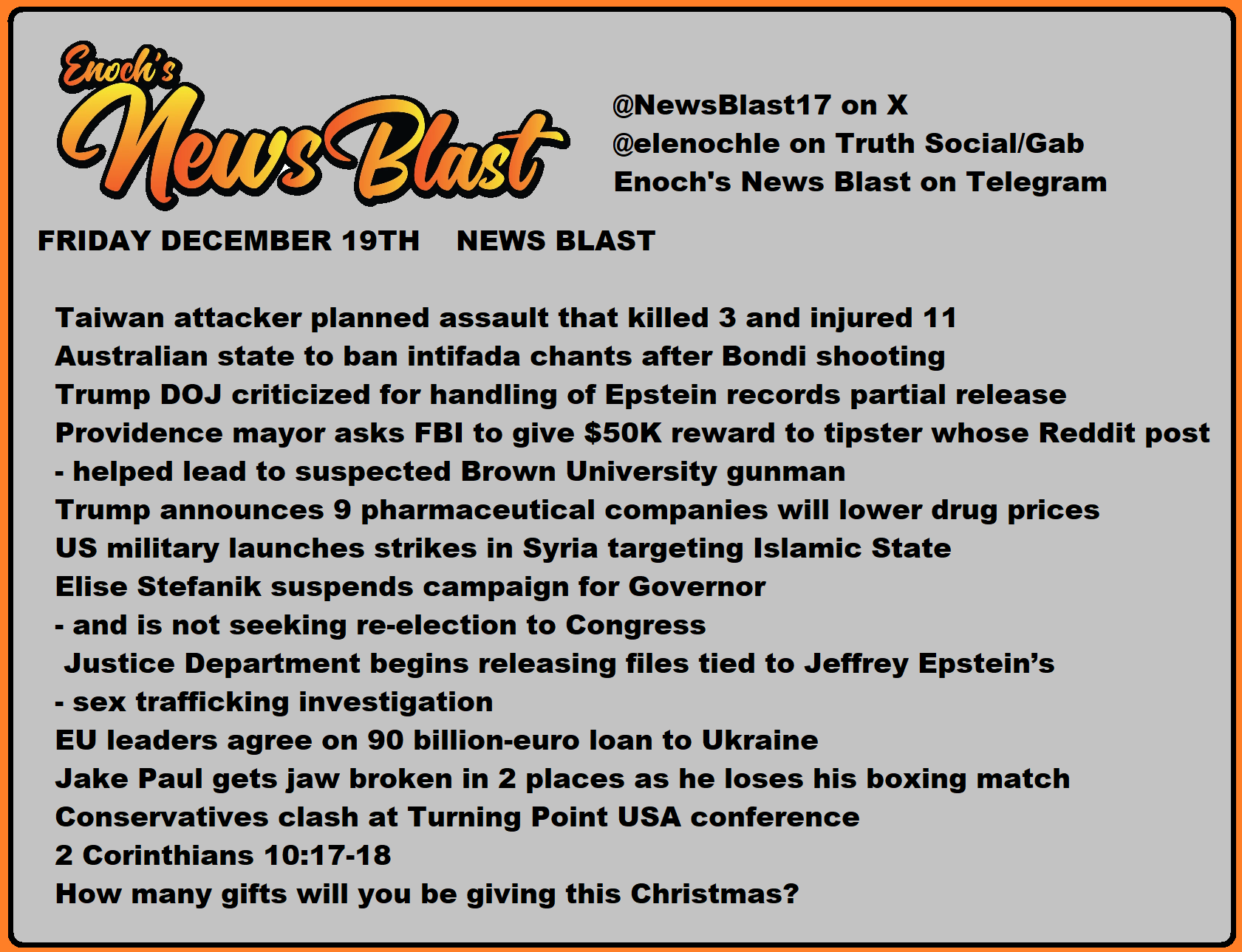 News Blast graphic for Friday, December 19th