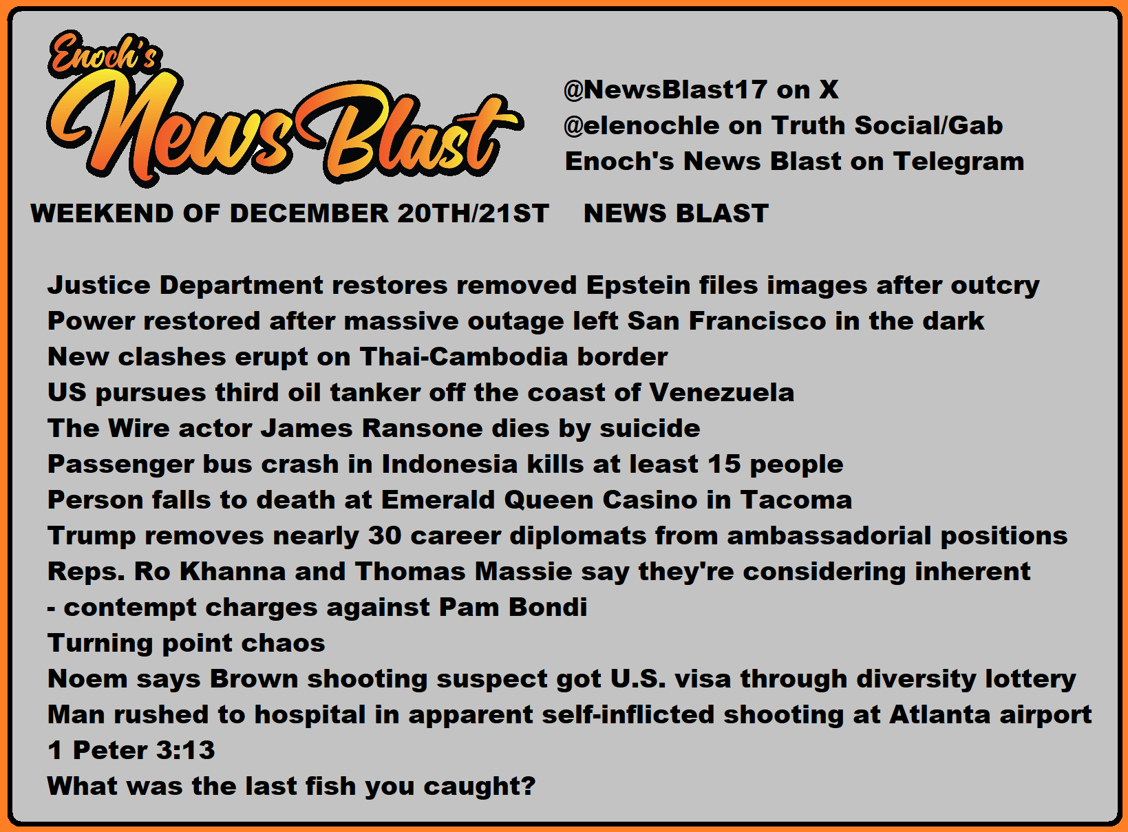 News Blast graphic for Weekend of December 20th / 21st