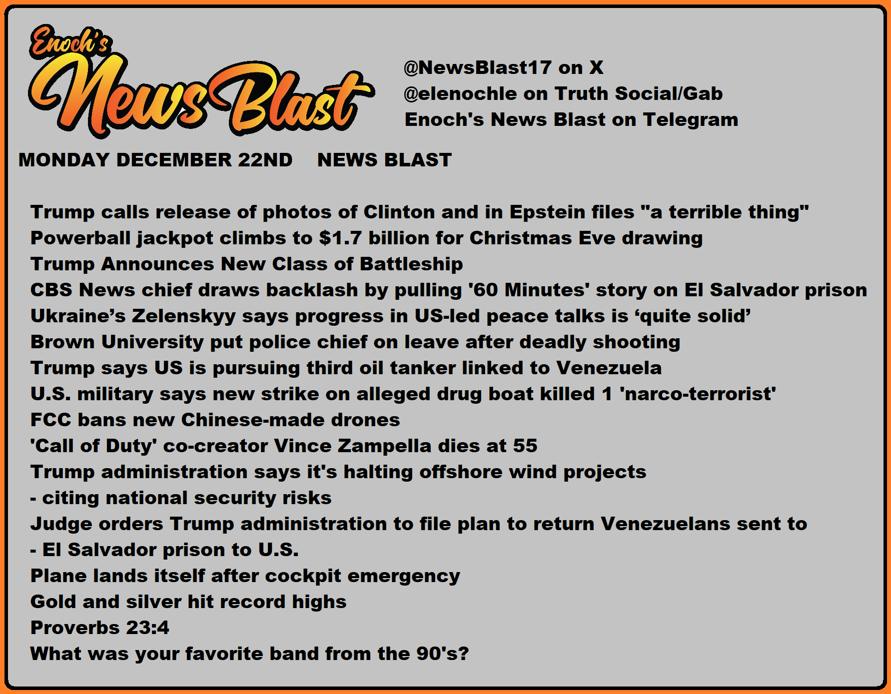 News Blast graphic for Monday, December 22nd