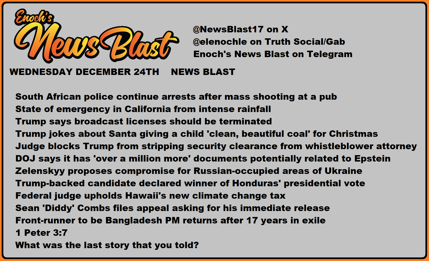News Blast graphic for Wednesday, December 24th
