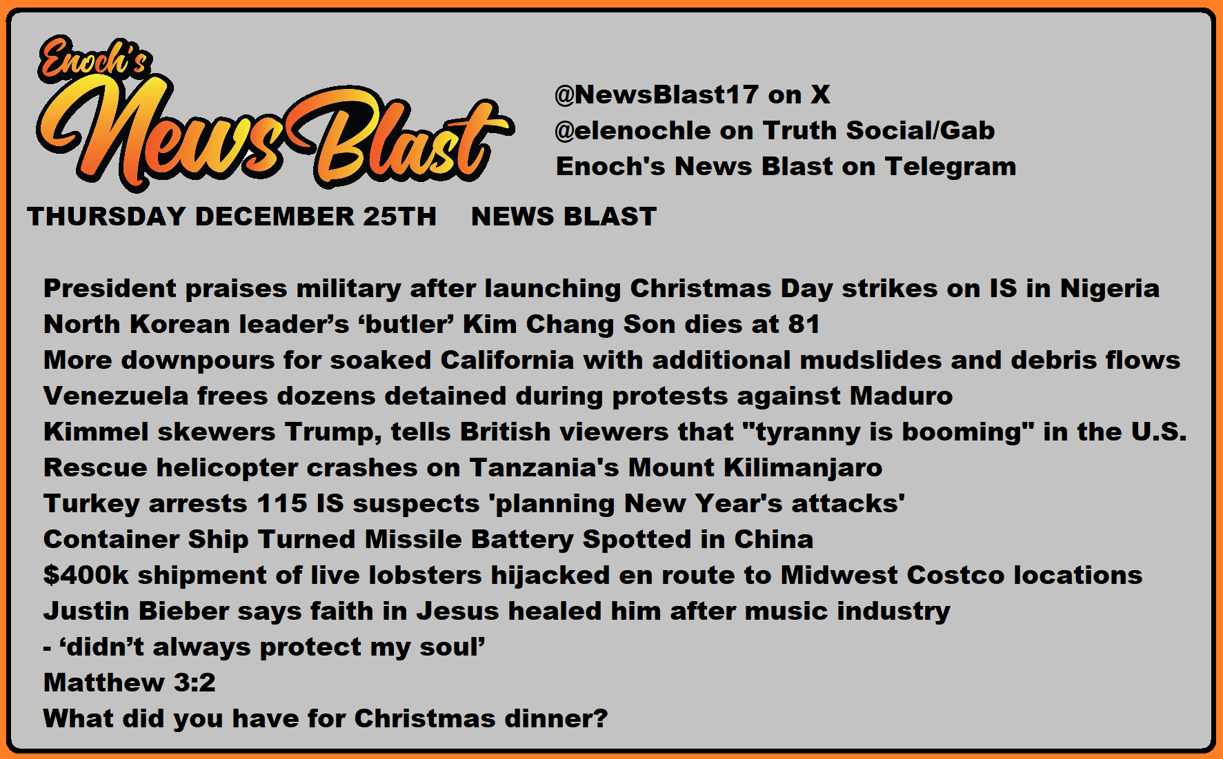 News Blast graphic for Thursday, December 25th