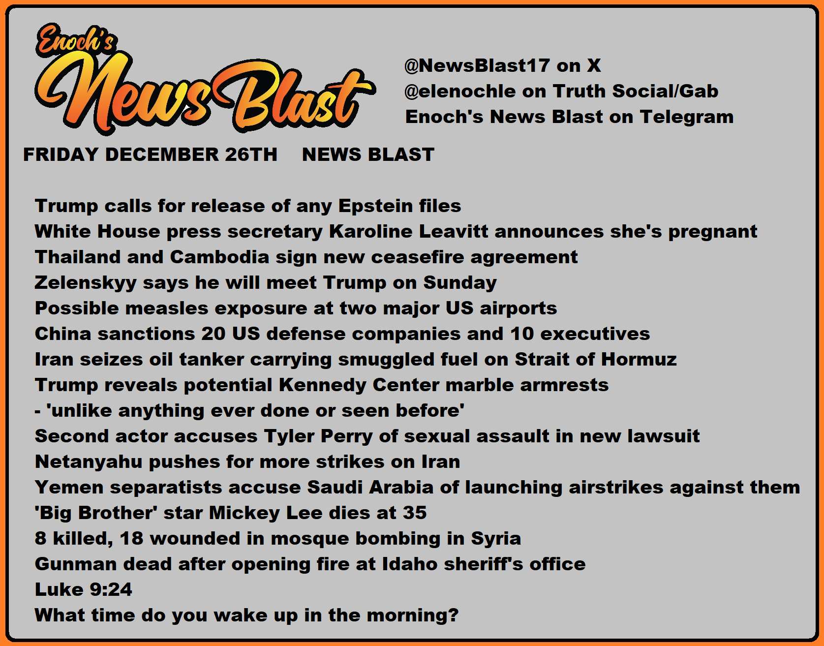 News Blast graphic for Friday, December 26th