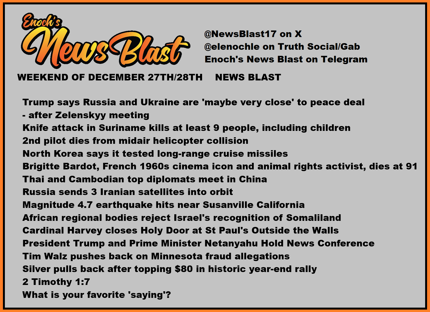 News Blast graphic for Weekend of December 27th / 28th