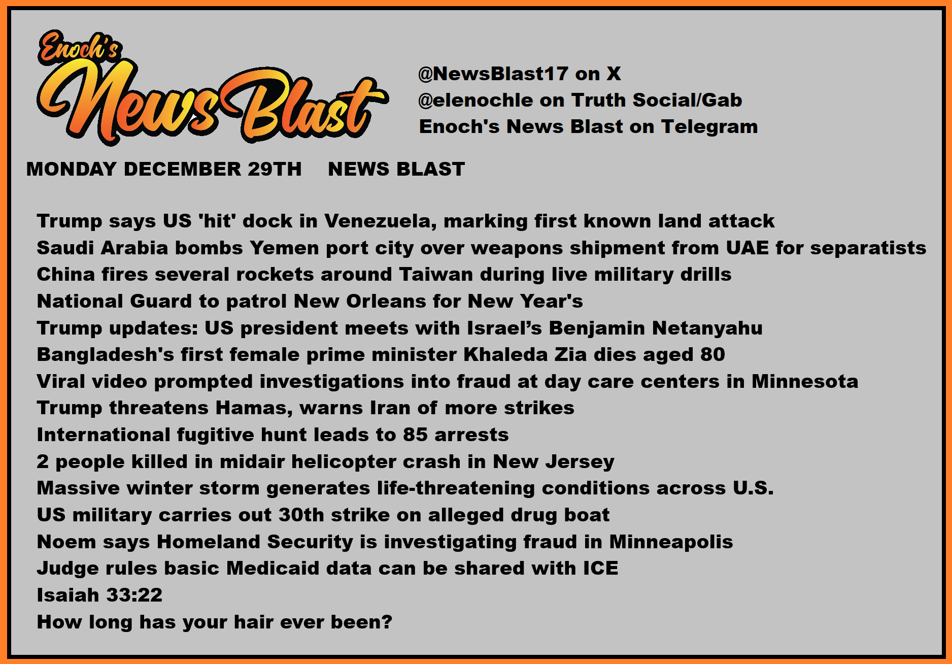 News Blast graphic for Monday, December 29th