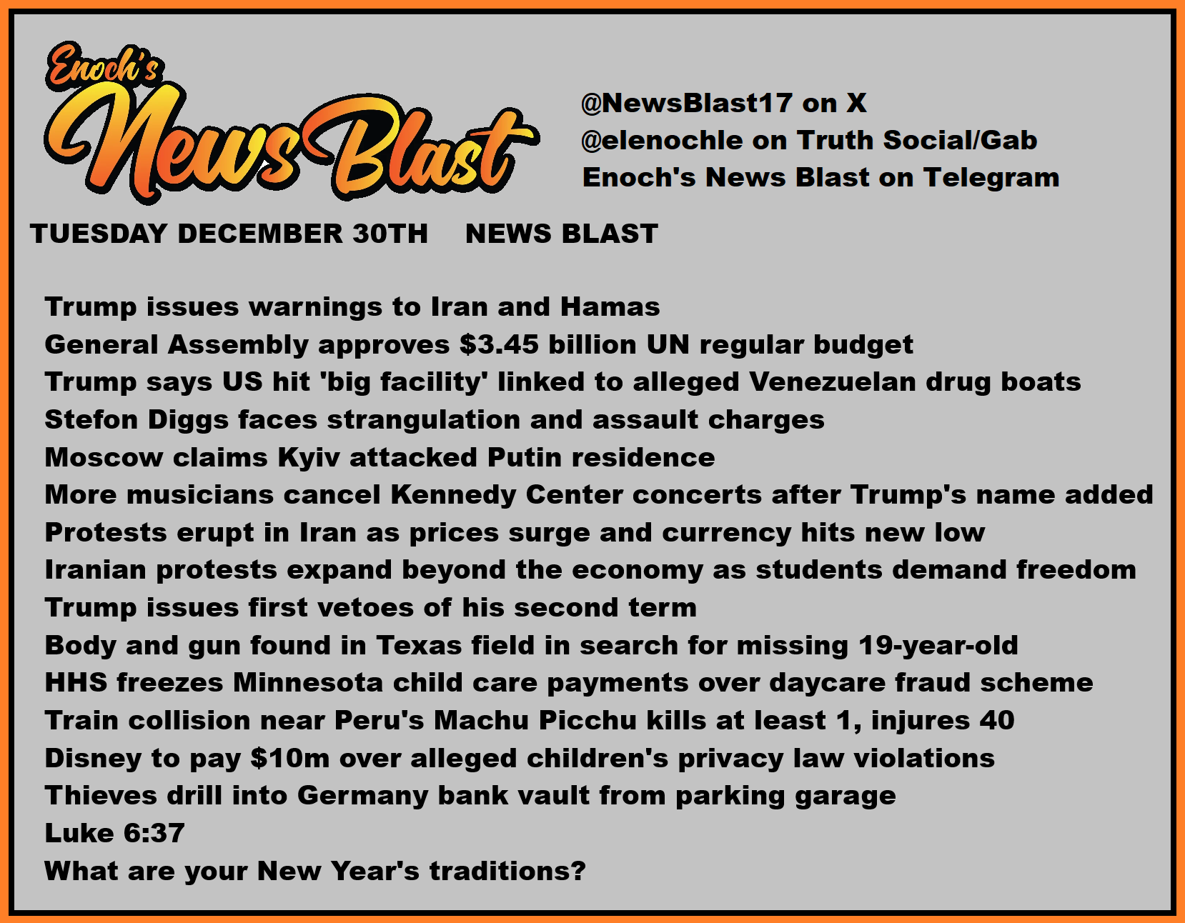 News Blast graphic for Tuesday, December 30th