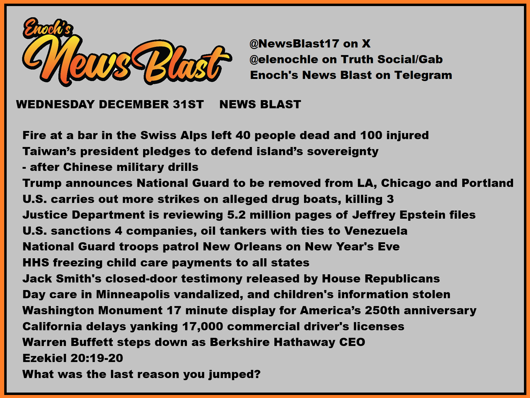 News Blast graphic for Wednesday, December 31st