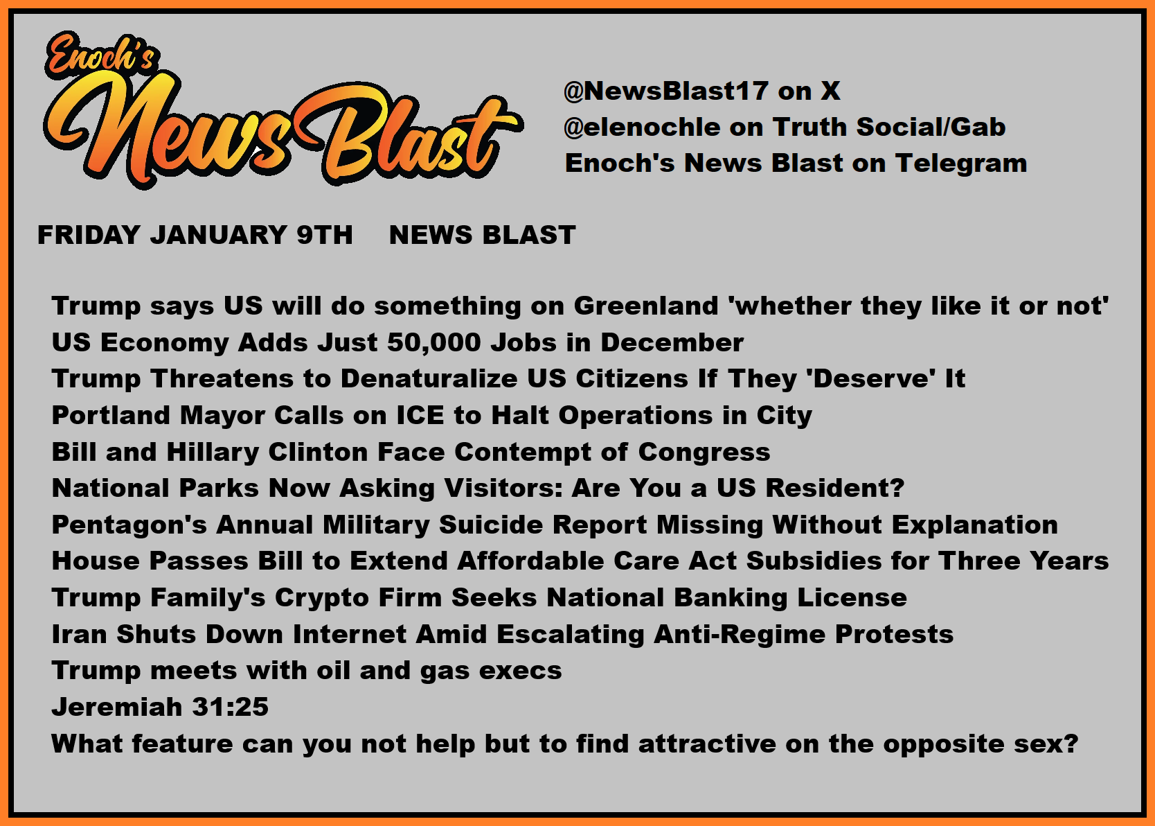 News Blast graphic for Friday, January 9th