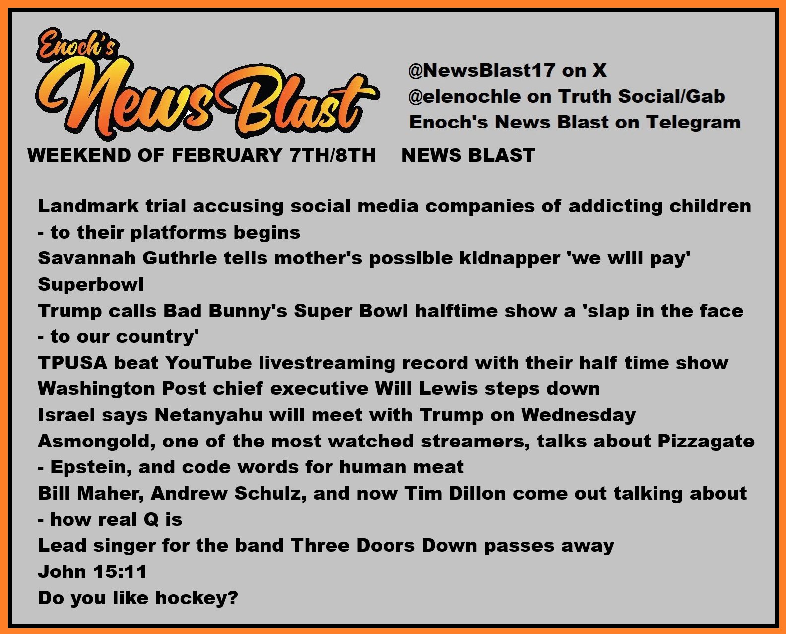 News Blast graphic for Weekend of February 7th / 8th