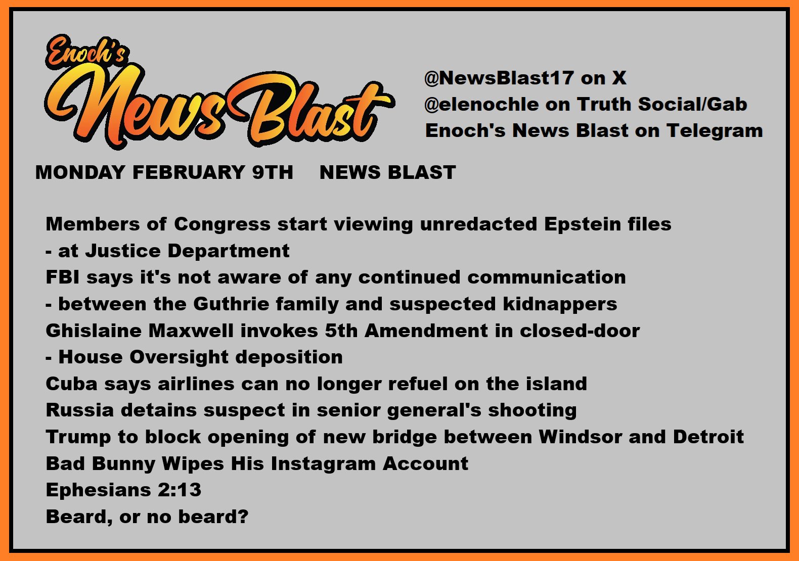 News Blast graphic for Monday, February 9th