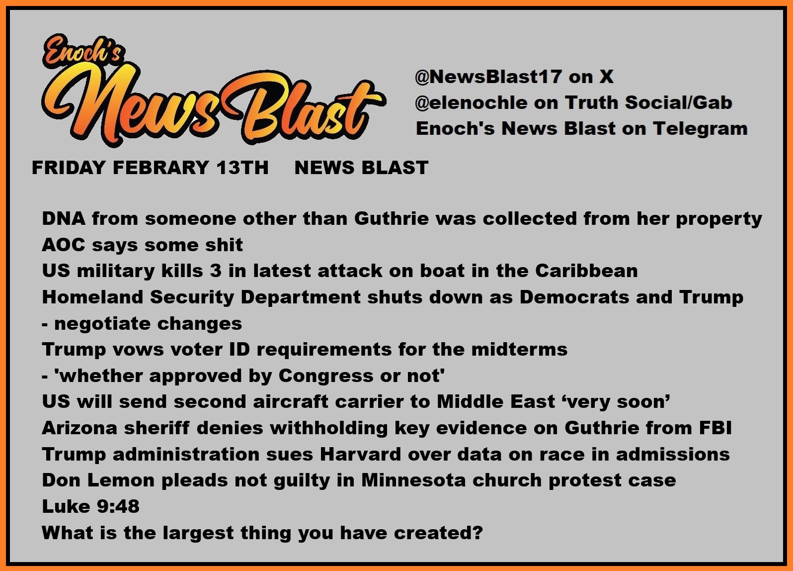 News Blast graphic for Friday, February 13th