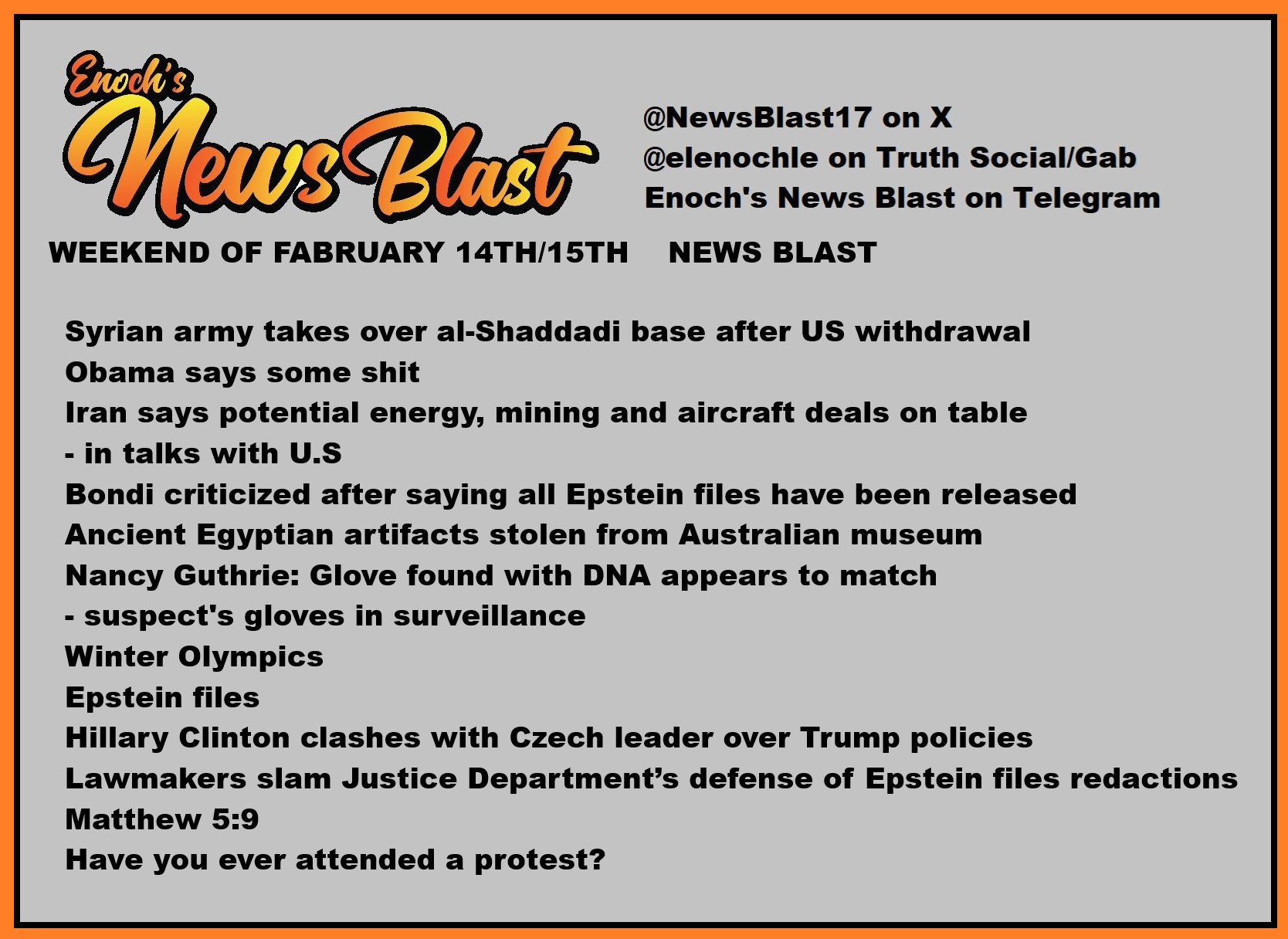 News Blast graphic for Weekend of February 14th / 15th
