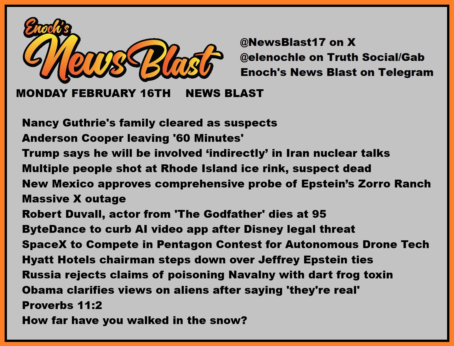 News Blast graphic for Monday, February 16th