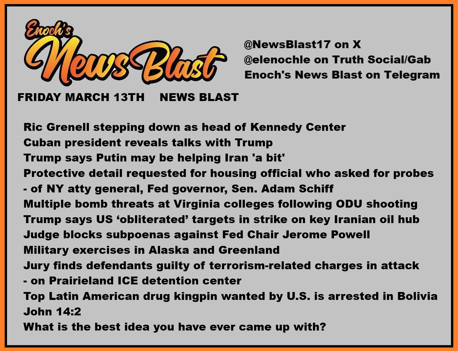 News Blast graphic for Friday, March 13th