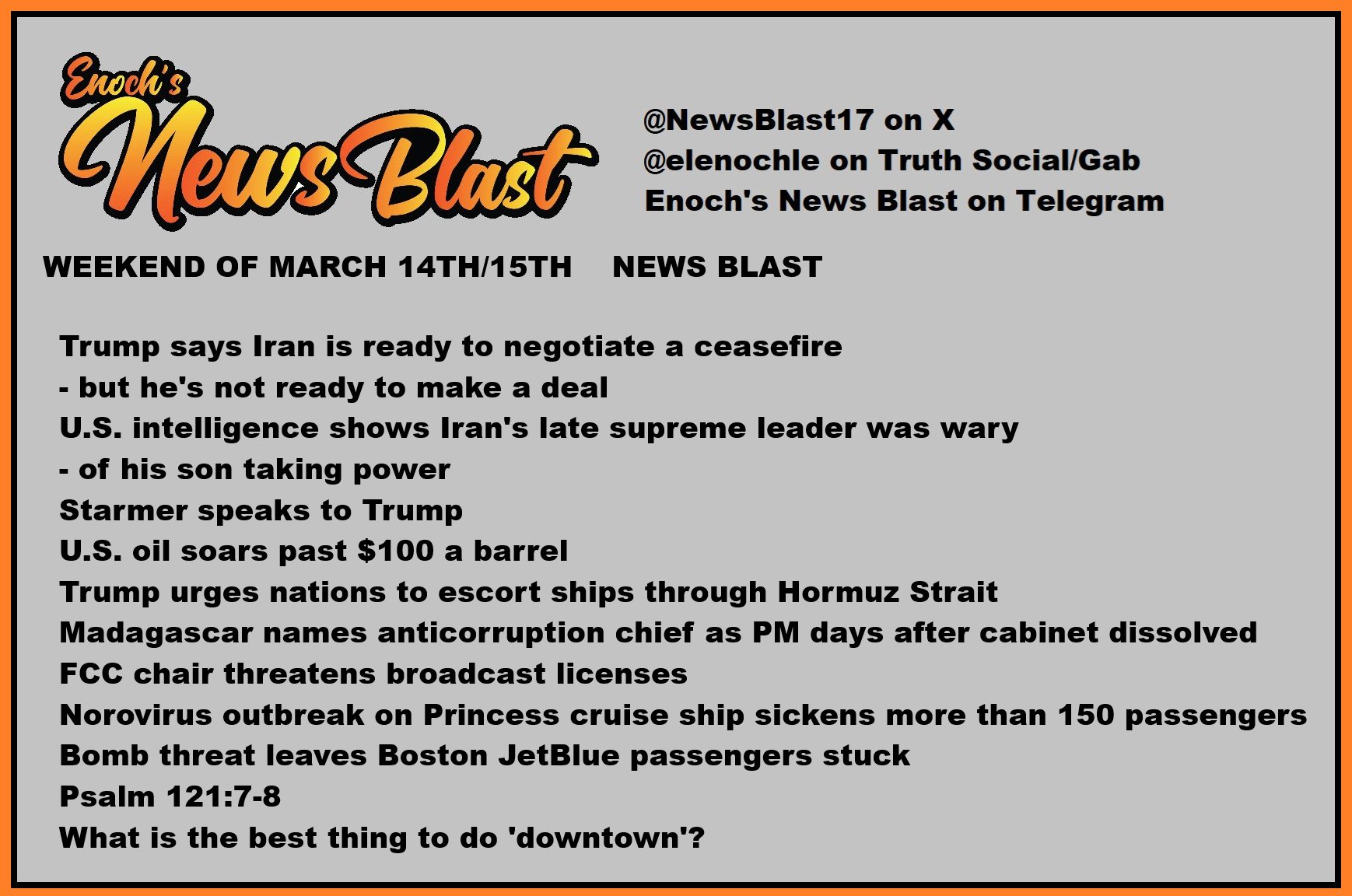 News Blast graphic for Weekend of March 14th / 15th