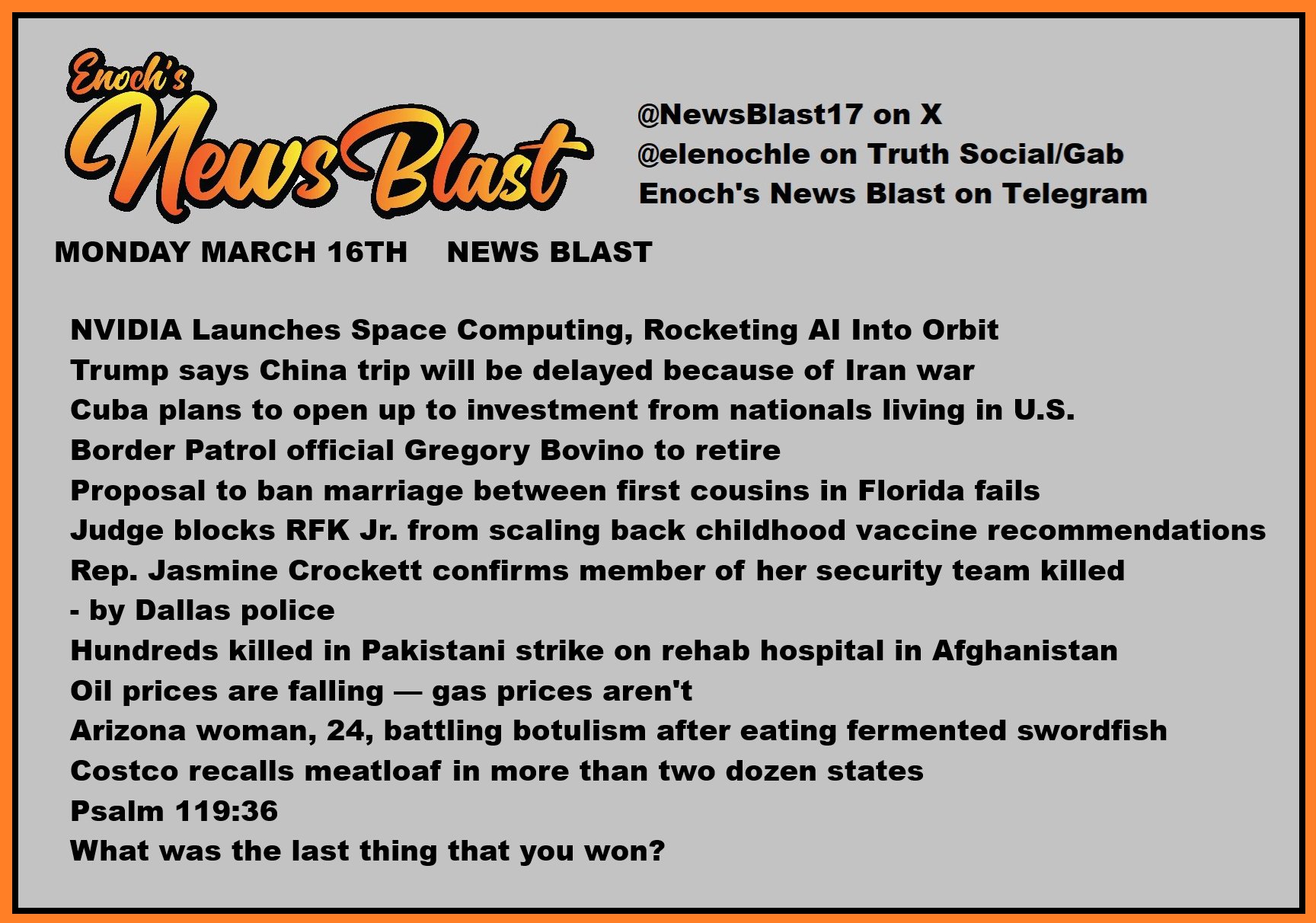 News Blast graphic for Monday, March 16th