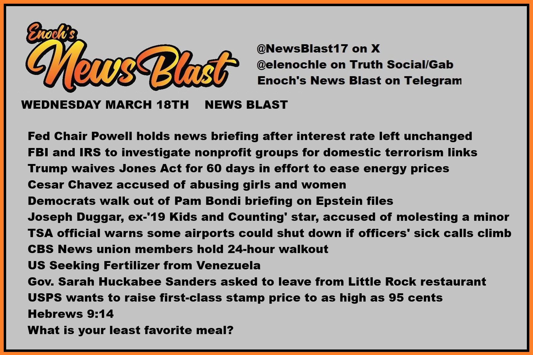 News Blast graphic for Wednesday, March 18th