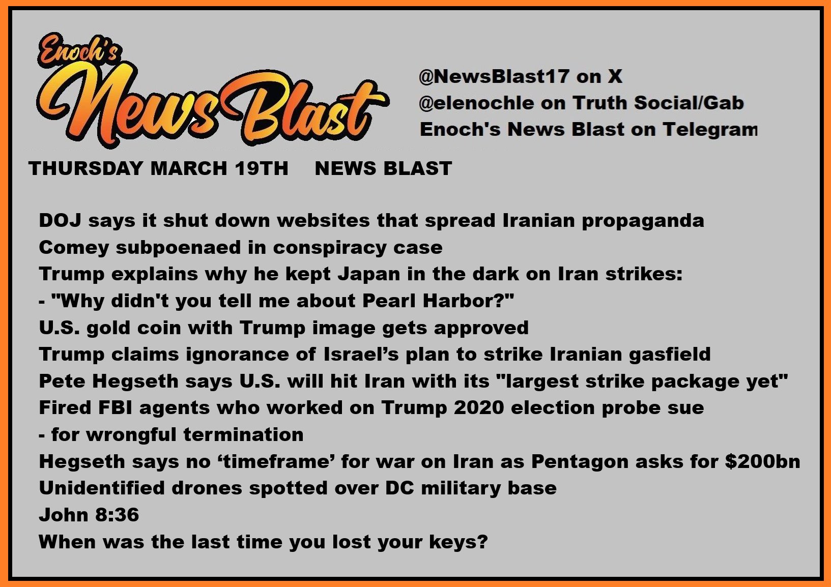 News Blast graphic for Thursday, March 19th