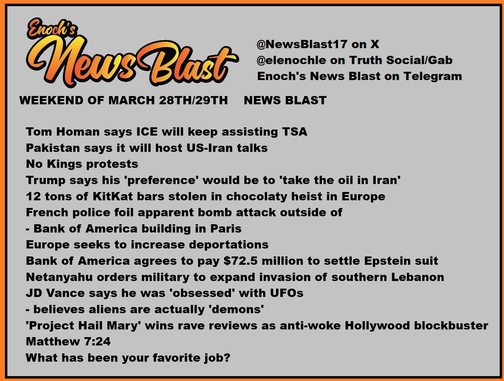 News Blast graphic for Weekend of March 28th / 29th