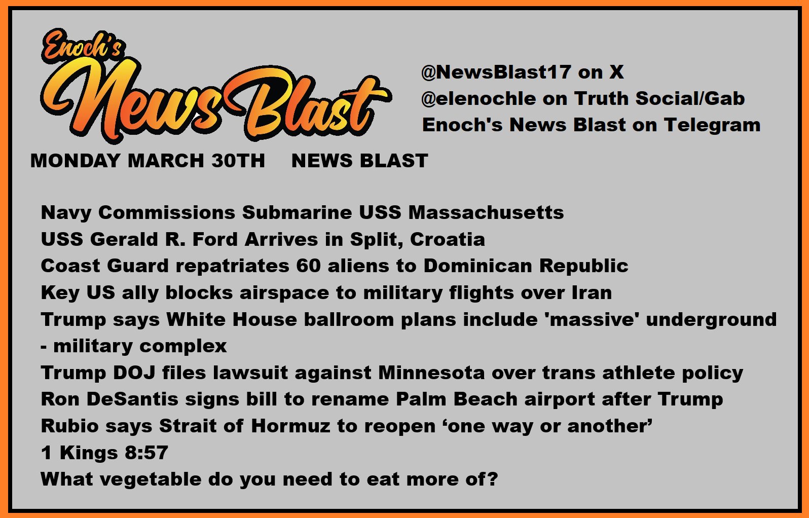 News Blast graphic for Monday, March 30th