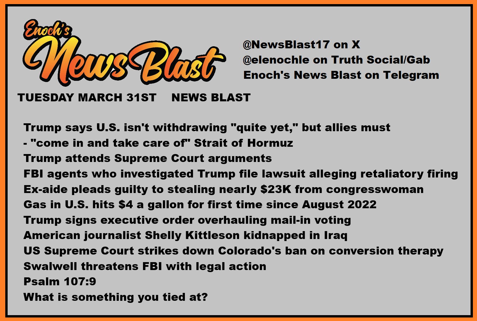 News Blast graphic for Tuesday, March 31st