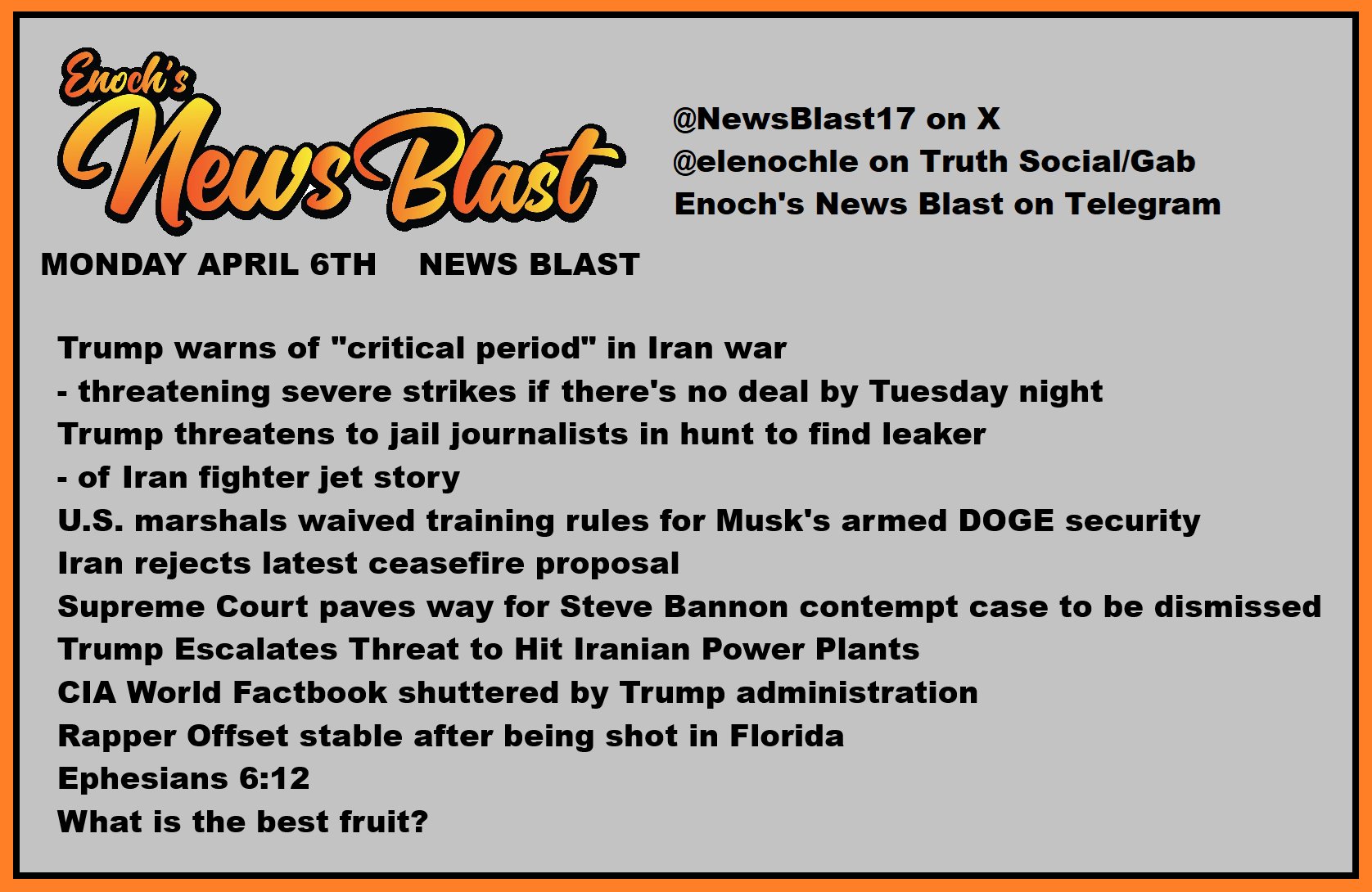 News Blast graphic for Monday, April 6th