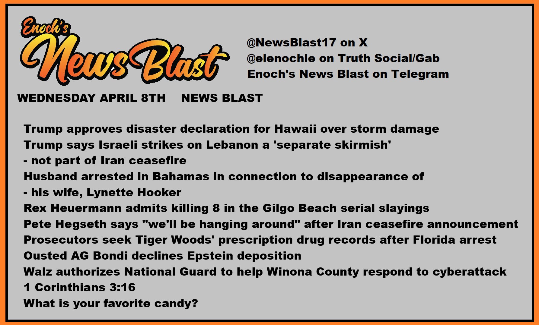 News Blast graphic for Wednesday, April 8th