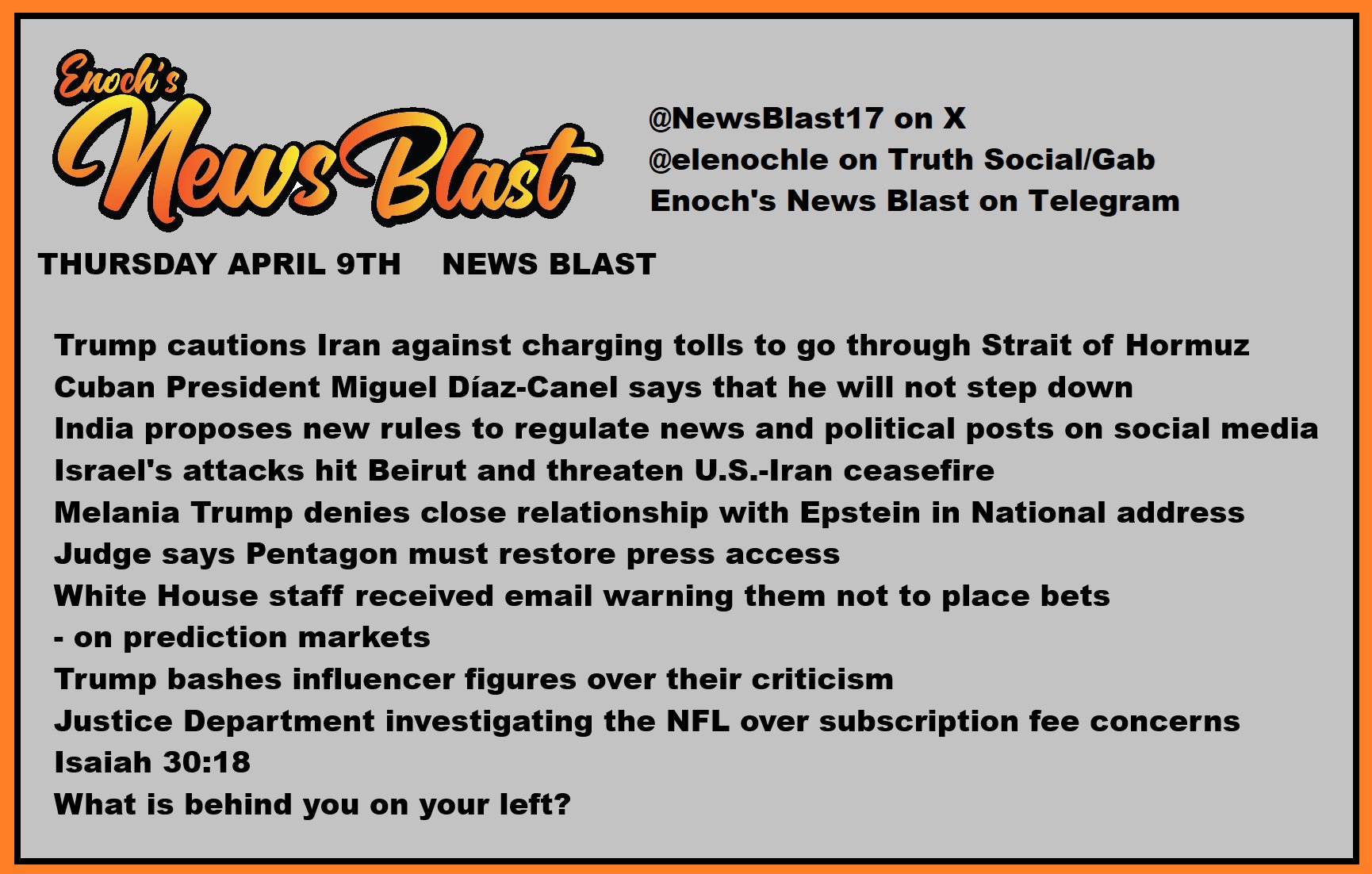 News Blast graphic for Thursday, April 9th