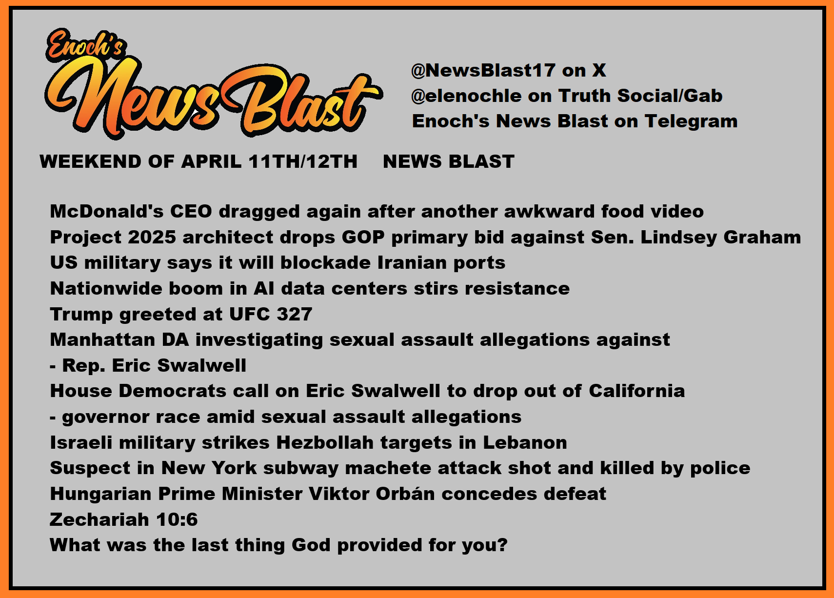 News Blast graphic for Weekend of April 11th / 12th
