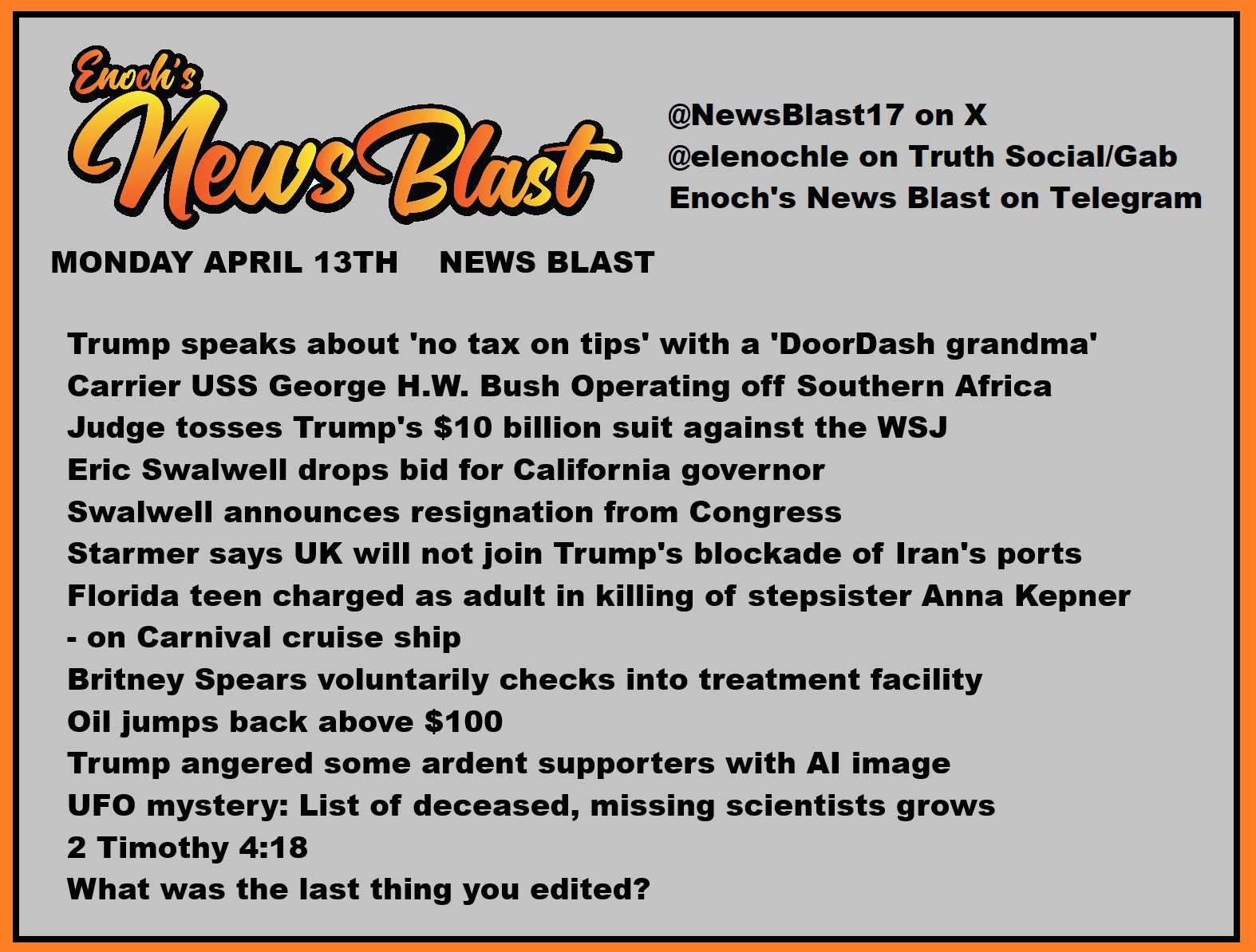 News Blast graphic for Monday, April 13th