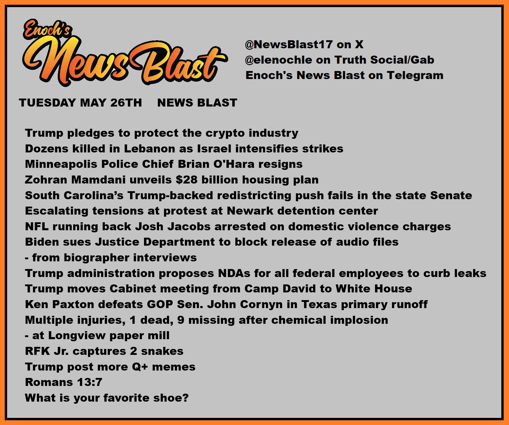 News Blast graphic for Tuesday, May 26th