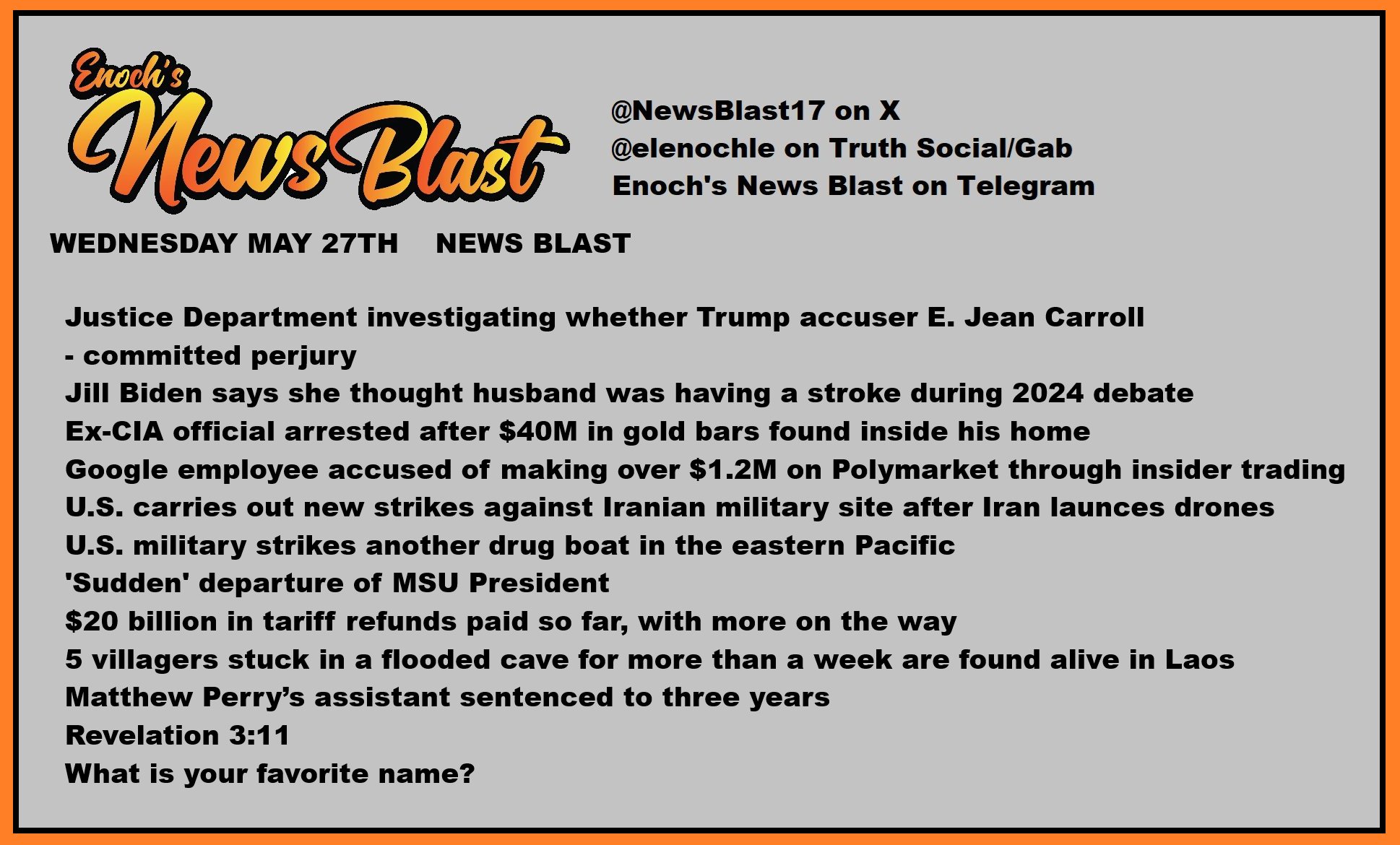 News Blast graphic for Wednesday, May 27th