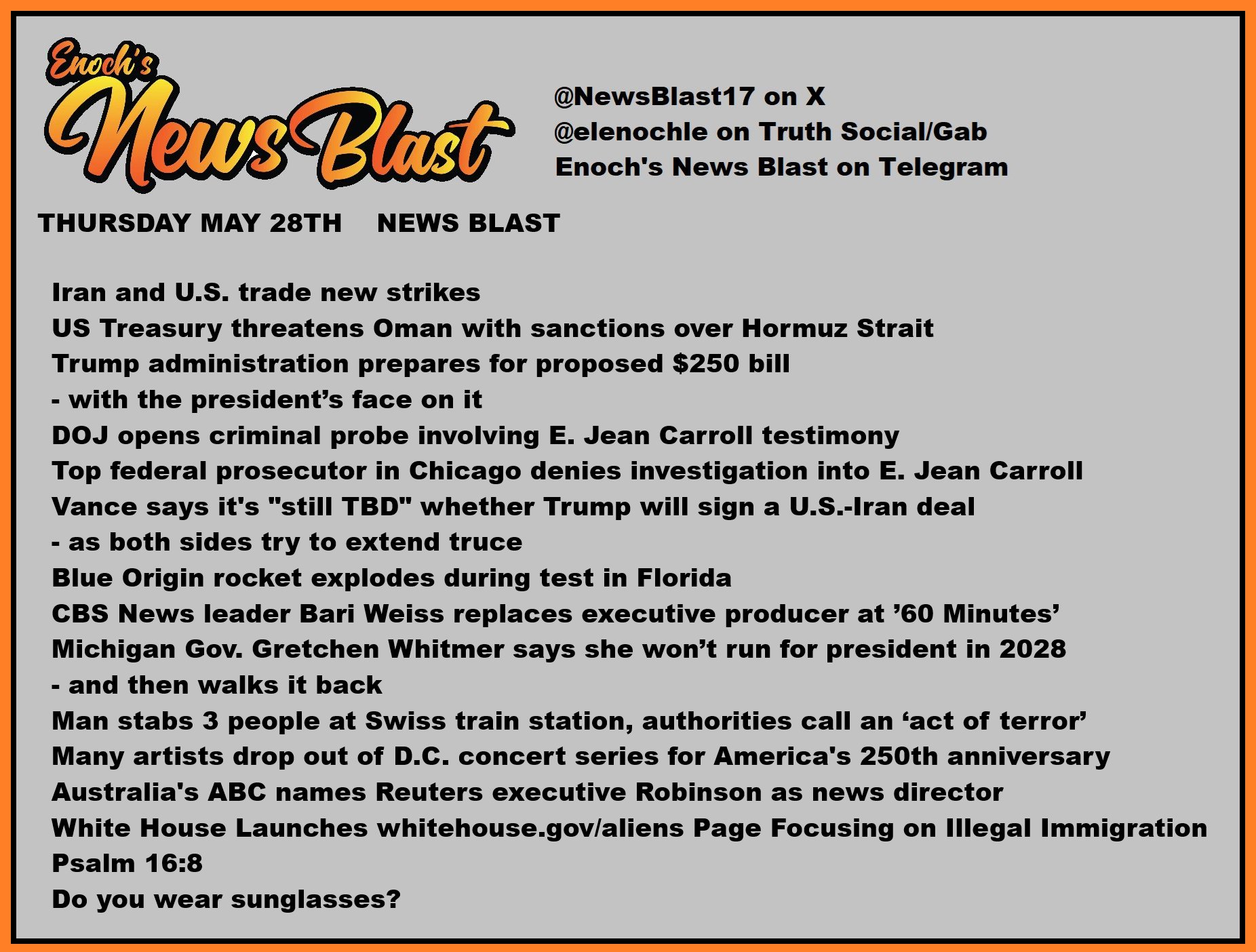 News Blast graphic for Thursday, May 28th