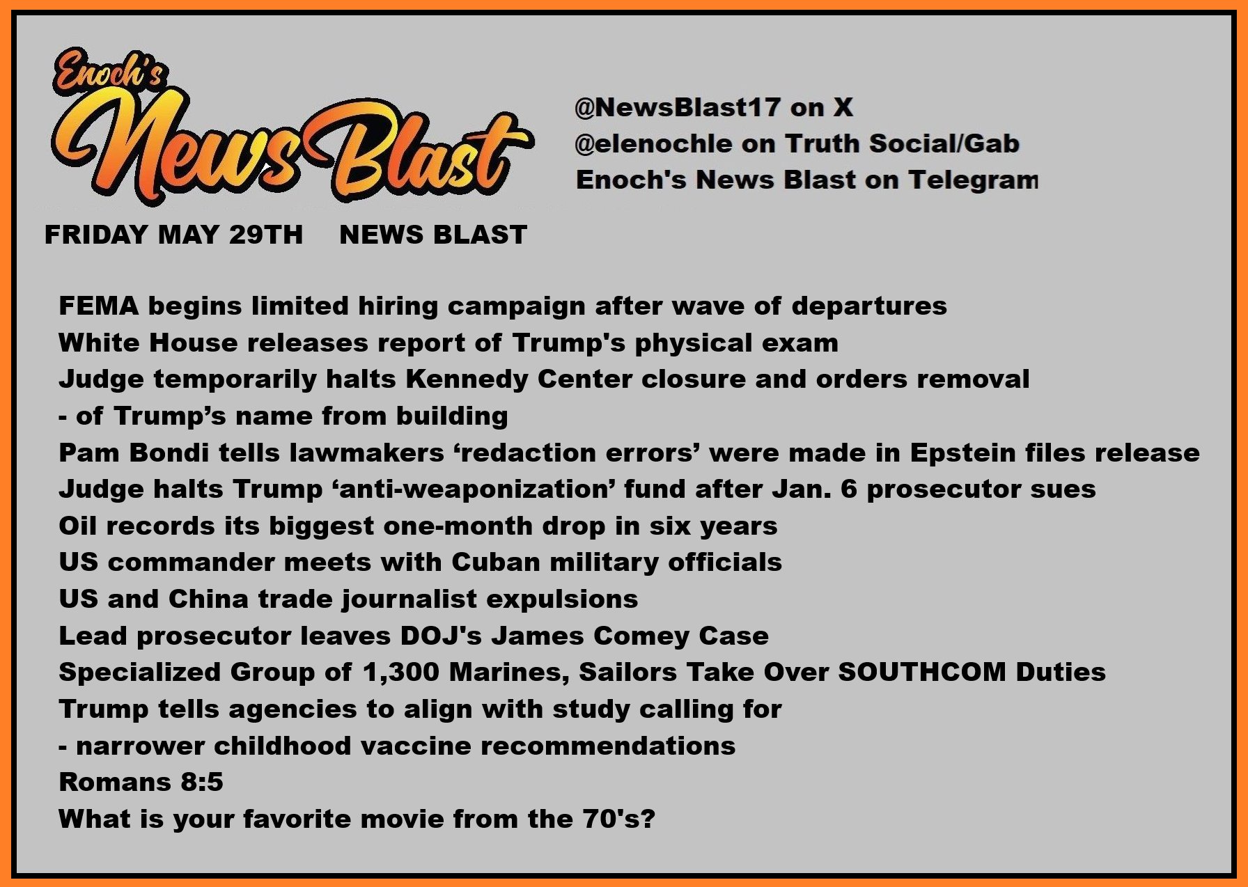 News Blast graphic for Friday, May 29th