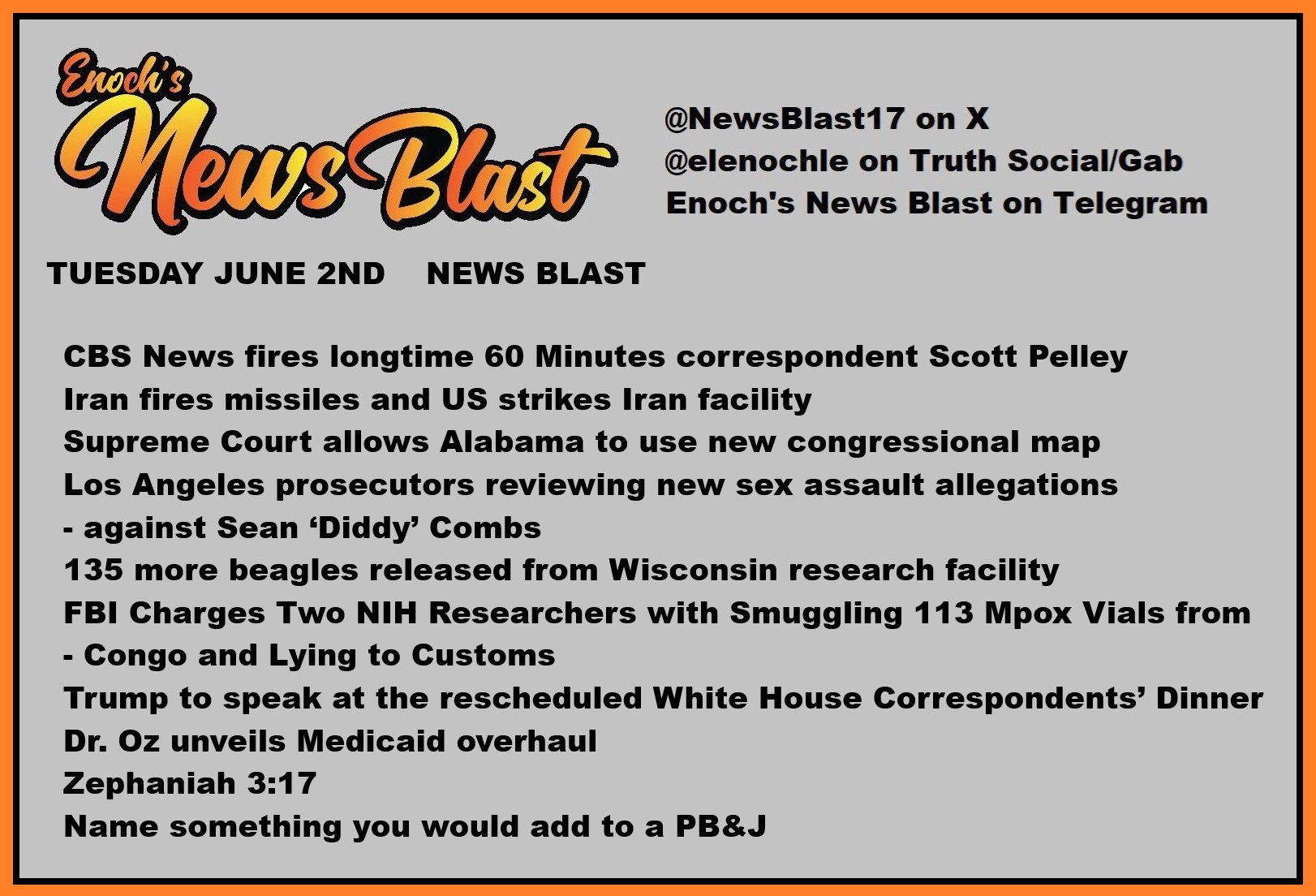 News Blast graphic for Tuesday, June 2nd