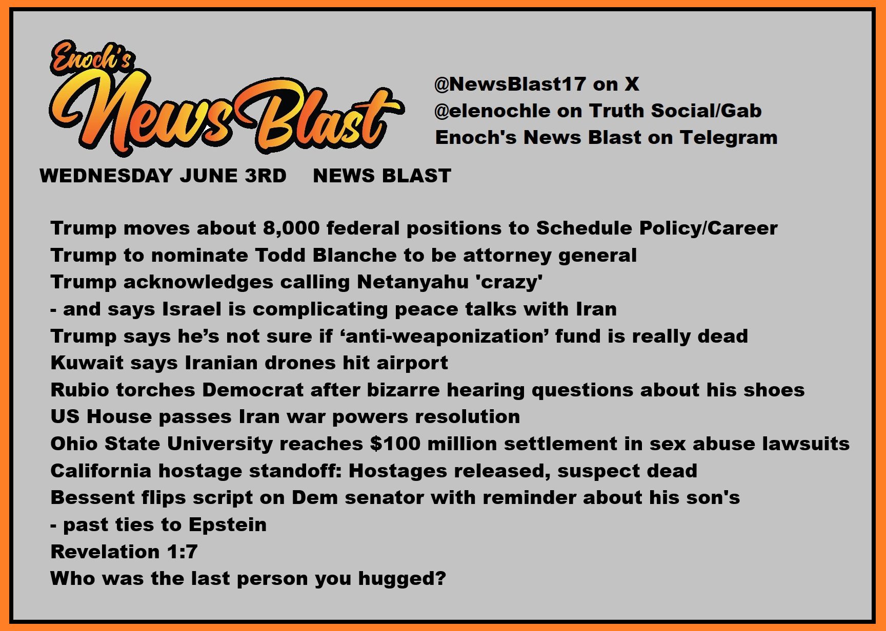 News Blast graphic for Wednesday, June 3rd