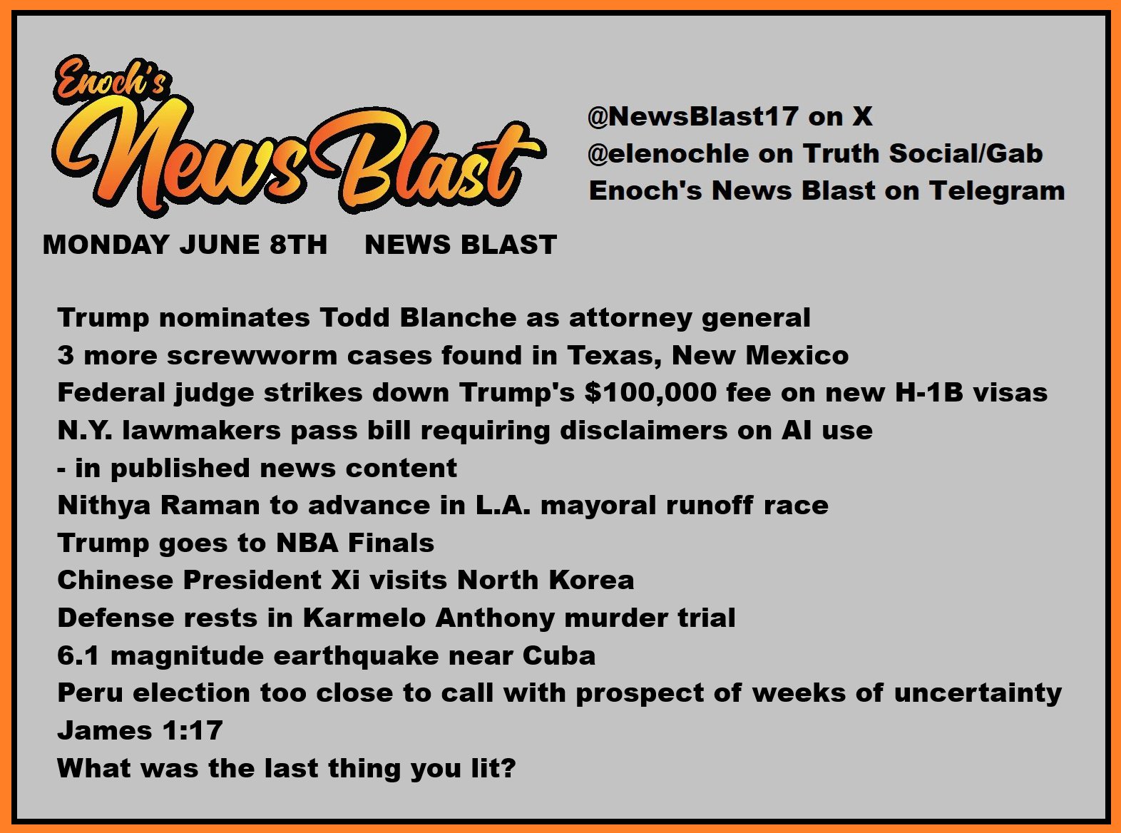 News Blast graphic for Monday, June 8th
