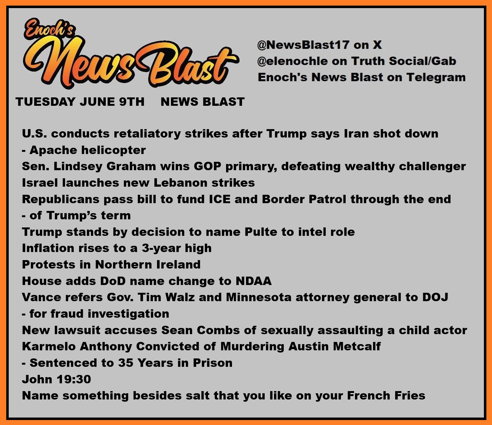 News Blast graphic for Tuesday, June 9th