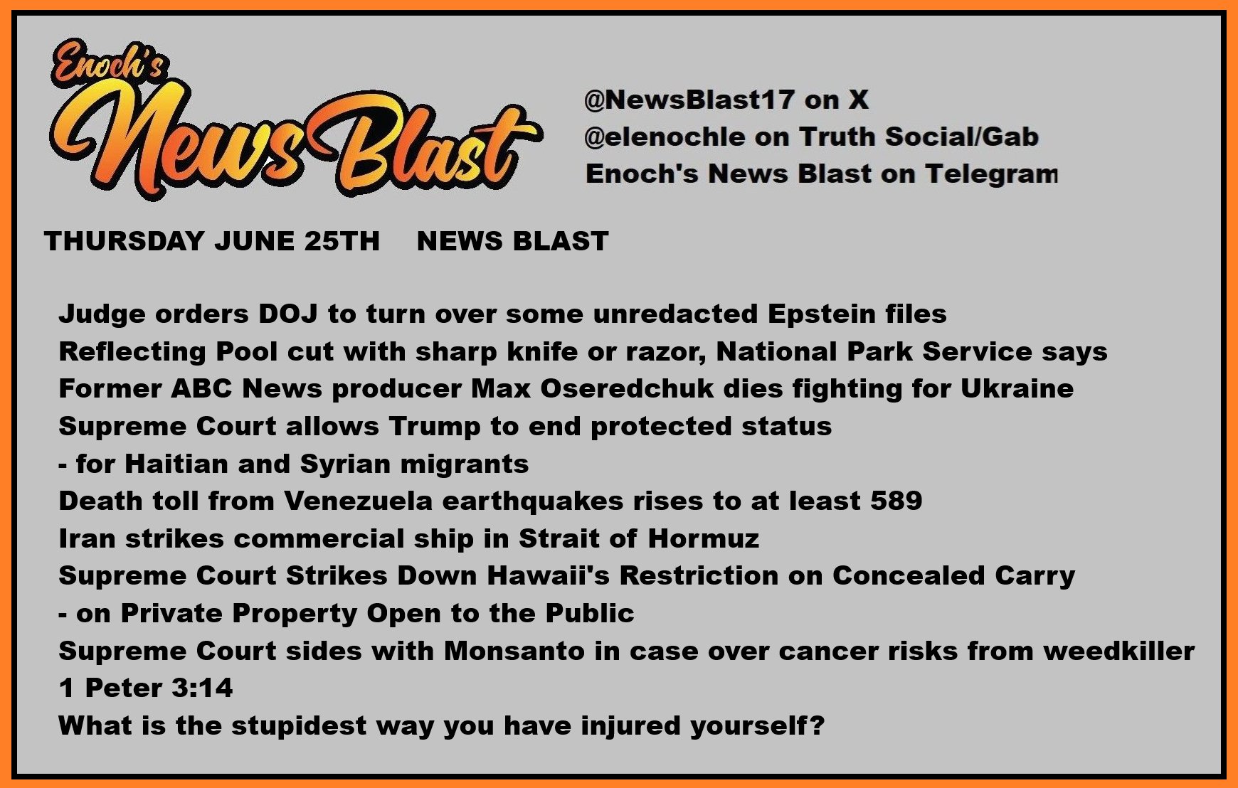 News Blast graphic for Thursday, June 25th