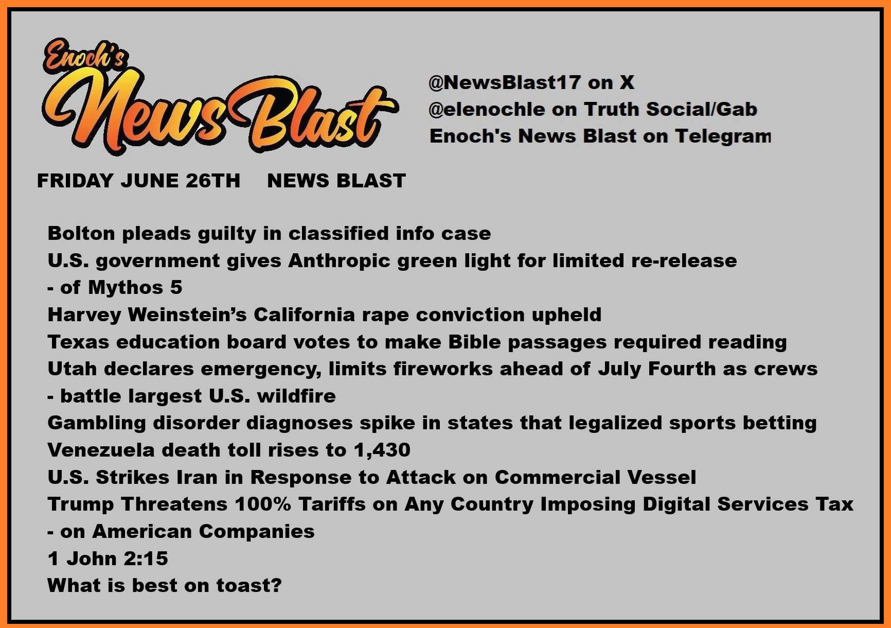 News Blast graphic for Friday, June 26th