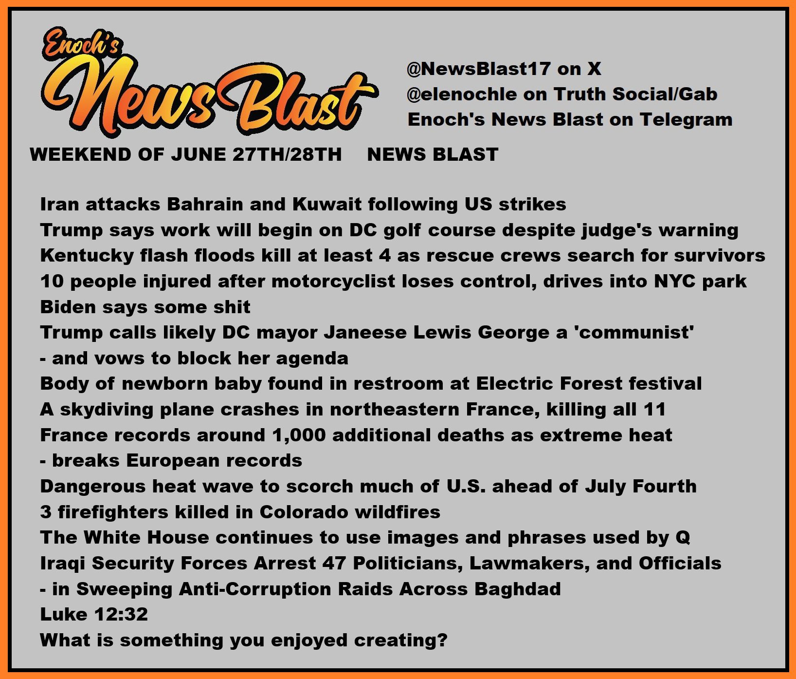 News Blast graphic for Weekend of June 27th / 28th