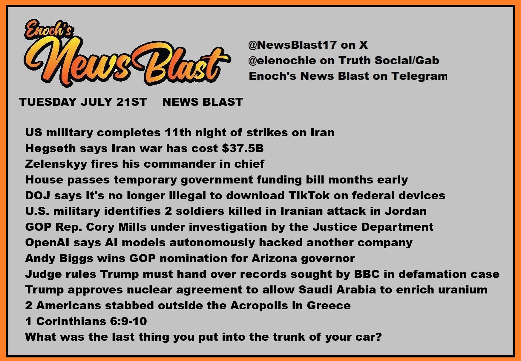 News Blast graphic for Tuesday, July 21st