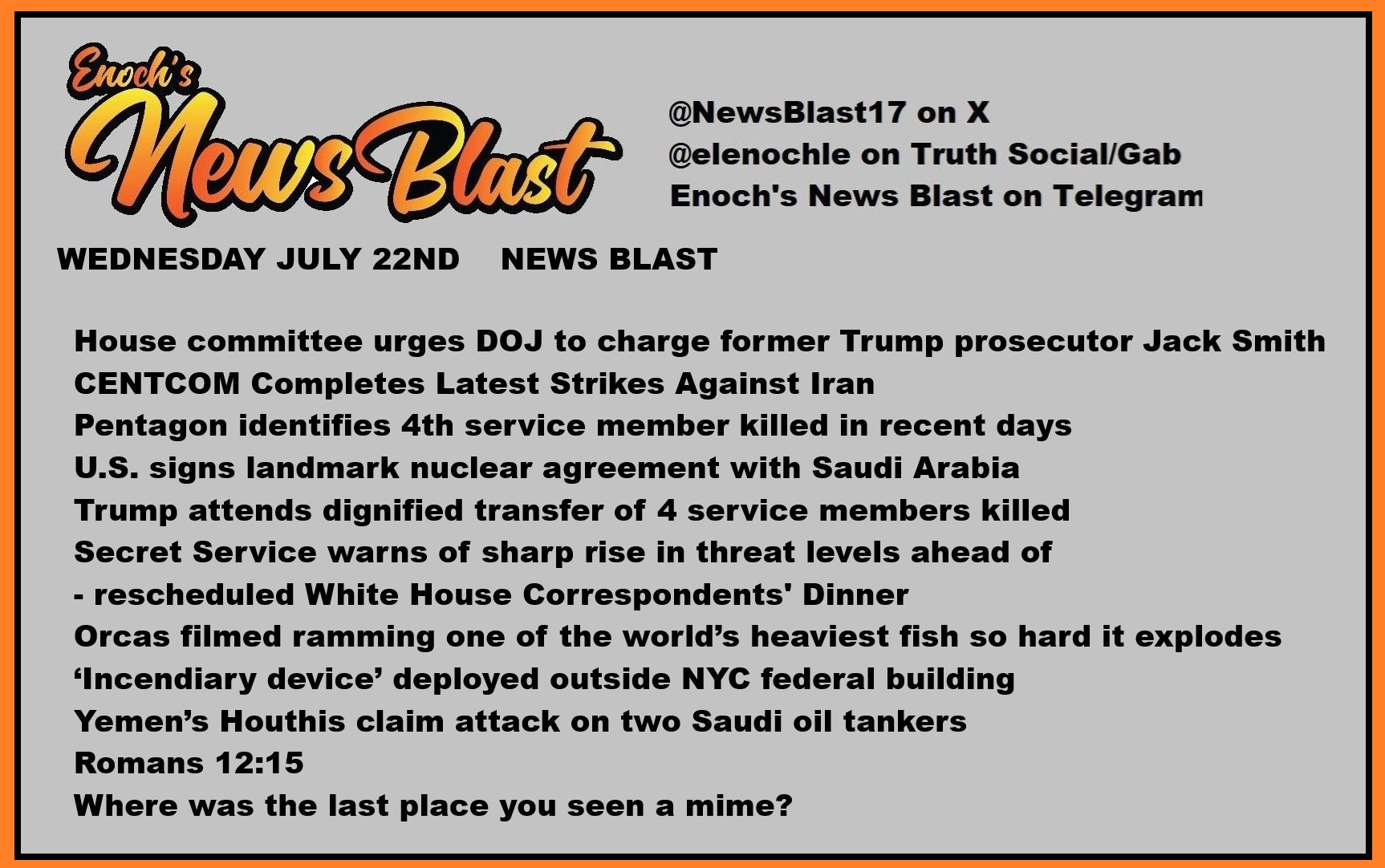 News Blast graphic for Wednesday, July 22nd